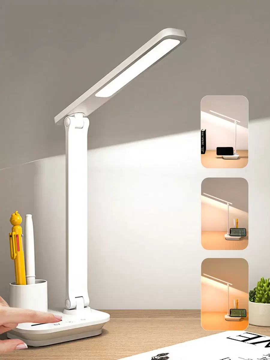 1PC LED Folding Desk Lamp USB Rechargeable/Plug-In Touch Dimmable Eye Protection Desk Lamp With Pen Holder For Office Bedroom Dormitory Study - White - View 1