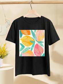 Mango Party Abstract - A Colorful Fresh And Playful Tropical Fruit Design With Leaf Pattern For Women's Women T-Women's Shirt Abstract Colorful Fresh Fruit Leaf Nature Pattern Playful Tropical Vibrant - Black - View 2