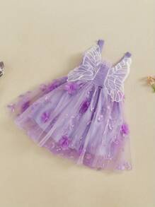 Vestido sin mangas para niñas pequeñas, de verano, con flores 3D, bonito vestido de tul con alas de mariposa para fiestas en la playa, ropa bonita. - Morado - Ver 4