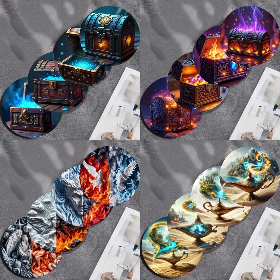 4pcs Artistic Wooden Non-Slip Coasters, Round Mysterious Jewelry Box & Lamp Designed, Suitable For Office Desk, Tea Table, Home Decoration, Thanksgiving Gift