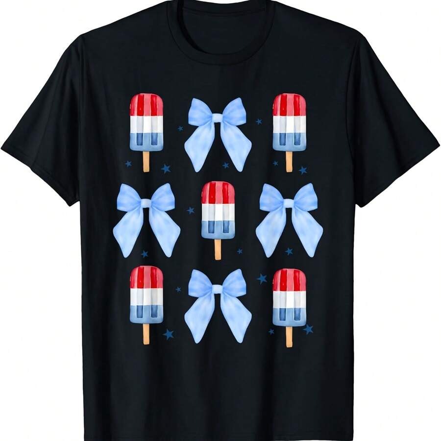 Coquette Bow Ice Cream American Flag Patriotic 4th Of July T-Shirt - 黑色 - 查看 1