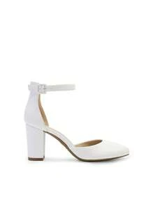 Women's Ankle Strap Closed Toe Chunky Heel Pumps Low Block Round Toe Solid Color Heels Elegant Bridal Wedding Dress Pumps Shoes - 白色 - 查看 6