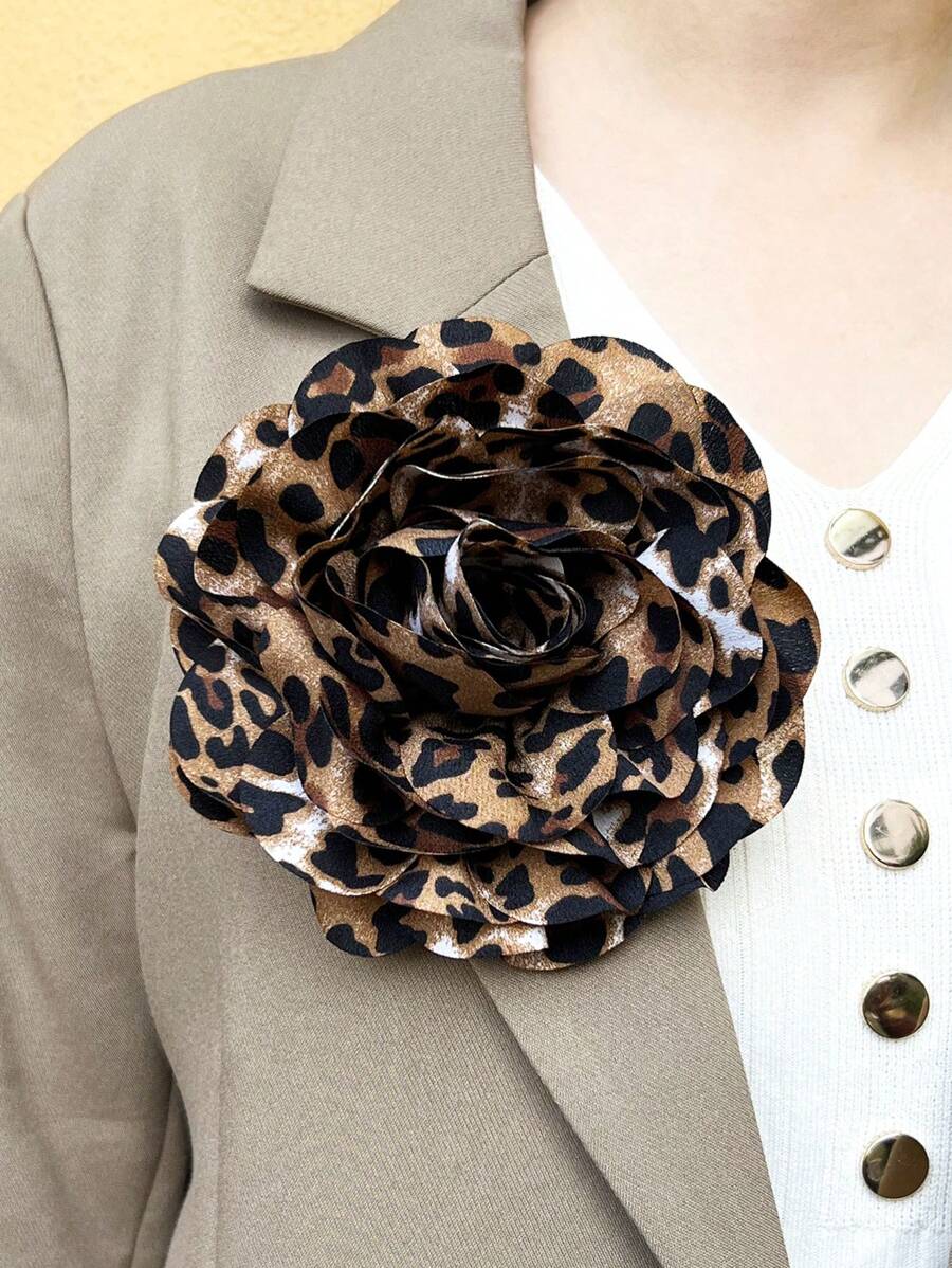 15cm Exaggerated Vintage Leopard Print Luxurious Fabric Multi-Layered Rose Camellia Flower Brooch For Women, High-End