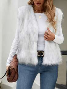 Women Faux Fur Vest, Sleeveless Open Front Solid Outwear Gilet For Casual Street - Light Grey - View 2