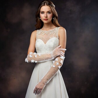 1 双新娘仿珍珠和花卉印花手套，非常适合浪漫的森系欧根纱婚礼摄影配饰。女士秋季服装