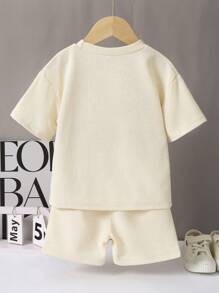 2pcs Young Boy Summer Outfit: Beige Waffle Top + Shorts Set - Apricot - View 2