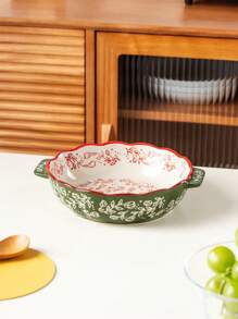 Fuente redonda de cerámica con asa, de estilo vintage con patrón floral pintado a mano. Apta para utensilios de cocina y comedor, adecuada para ensalada, pasta, a la parrilla, hornear, postres y preparación de pizza. Segura para horno y microondas.