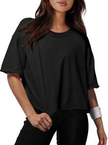 KAHULE Tshirts For Women Round Neck Drop Shoulder Oversized Crop Tops Workout Tops Tees - Black - View 1