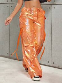 Rave Metallic Silver Drawstring High Waist Flap Pocket Pleated Detail Cargo Parachute Pants, Casual & Comfortable, Suitable For Valentine's Night - Sunshine Orange - View 5
