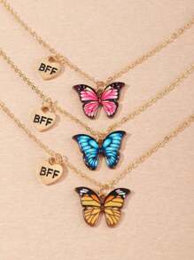 3pcs/Set Kids BFF Best Friend Series Colorful Butterfly Pendant Necklace Set, Suitable For Teenagers Boys Girls Daily Wear, Birthday/Holiday Gift