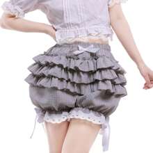 Womens Lolita Bloomers Ruffles Pumpkin Pants Bottom Shorts Lace Trim Layered High Waist Shorts Pettipants - Grey - View 6