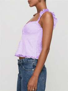 Women Y2k Crop Tank Tops Square Neckline Summer Slim Fit Cami Tops Sleeveless Open Back Low Cut Lace Floral Vest Going Out Blouse Tops - 淡紫色 - 查看 3