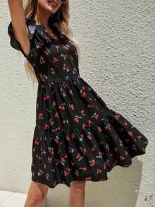 Women Cherry Print V-Neck Cap Sleeve Mini Dress - Black - View 5