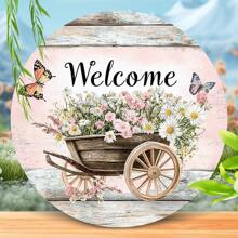 1 Piece, Rustic Style Wooden Welcome Wreath Sign, Pink Flower Farm Decoration, Circular Wall Listing, Manufactured Wood, English Text, Multi-Purpose Home And Outdoor Use, Spring And Summer Decoration