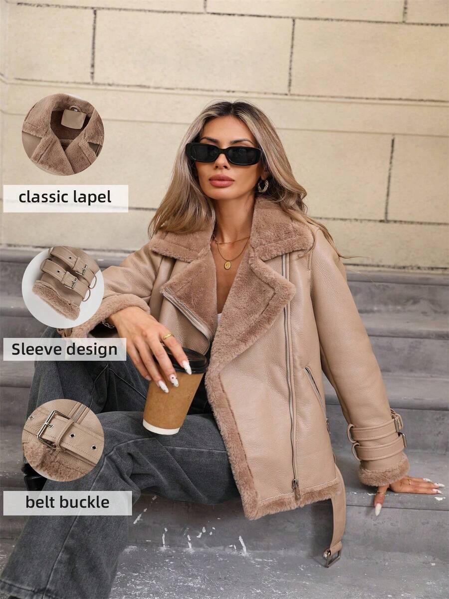 女士优雅人造毛皮短夹克，配有口袋和腰带 - 秋冬季完美之选