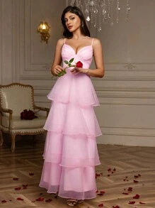 Frühlings- und Sommer A-Linien Kleid mit rosa Organzabändern, romantisches Valentinstagkleid, Geburtstagsparty-Kleid, mehrlagiger Kuchensaumrock, geeignet als Abschlussballkleid, kann auch für Strandurlaub, Lässig, Geburtstagsfeiern und als Hochzeitsgast-Kleid getragen werden