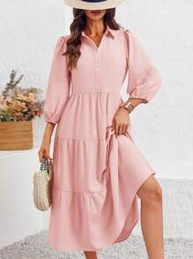 2026 Popular Fall Maxi Shirt Dress V Neck Vestidos Elegantes De Mujer Button Down 3/4 Sleeve Tiered Collared Flowy Design - Pink - View 3