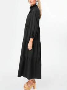 2026 Popular Fall Maxi Shirt Dress V Neck Vestidos Elegantes De Mujer Button Down 3/4 Sleeve Tiered Collared Flowy Design - 黑色 - 查看 4