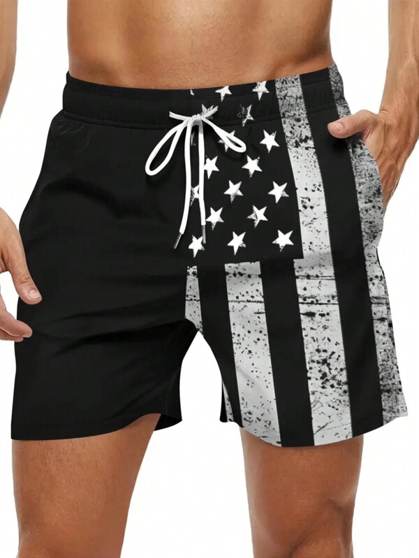 Men's Quick Dry National Flag Lining Elastic Waistband Drawstring Waist Casual Summer Fashion Sport Beach Shorts, Suitable For Vacation, Beach, Pool, Outdoor Activities, Daily Wear