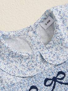 Newborn Baby Girls Summer Romper Dress Bow Embroidery Floral Print Short Sleeve Sweet Princess Dress - 藍色 - 查看 6