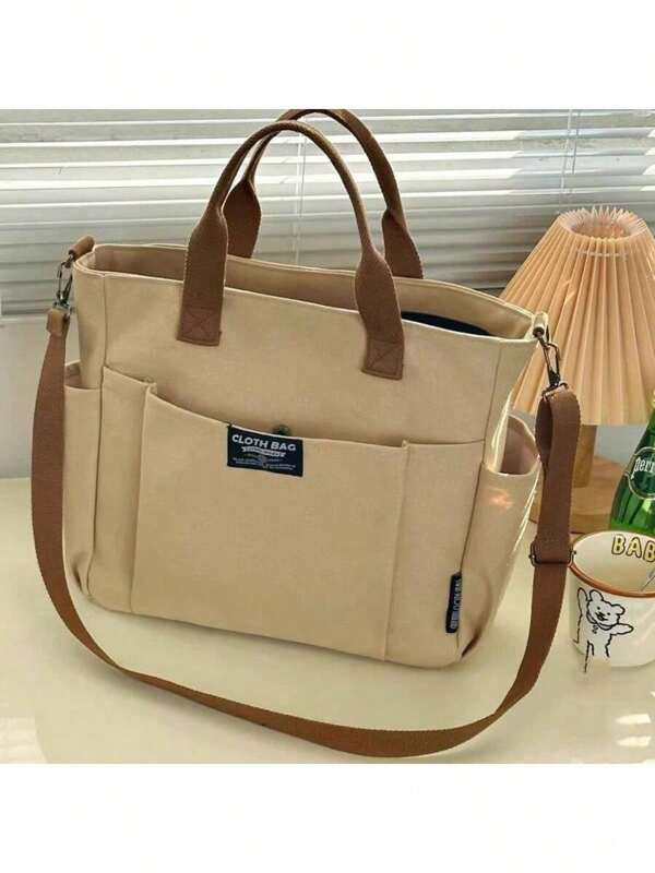 Urban Minimalist Female Student Large Capacity Commuting Horizontal Canvas Single Shoulder Diagonal Cross Portable Tote Bag
