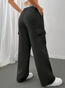 Damen Hose mit hoher Taille und weitem Bein, weite Jogginghose mit 4 Taschen, vielseitige lässige Sportshose