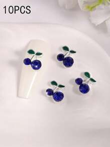 10pcs Green Leaf Cherry Nail Charms Metal Rhinestone Bowknot Nail Supplies Personalized Nail Art 3D Red And Blue Nail Gems Suitable For DIY Nail Salon And Personal Use