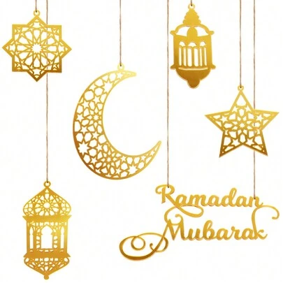 6 件 - 斋月装饰品，亚克力斋月卡里姆装饰开斋节吊坠风灯月亮星形斋月装饰可悬挂在墙壁窗户树上（金色）