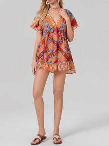 Womens Bohemian Babydoll Dress Casual Summer Floral Dresses Short Sleeve V Neck Sundress Flowy Ruffle Dress With Pockets