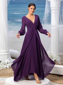 Faeriesty Mosy Elegant Plunging Neck Bishop Sleeves Chiffon Formal Dress Mother Of The Bride Dress - Purple - View 2