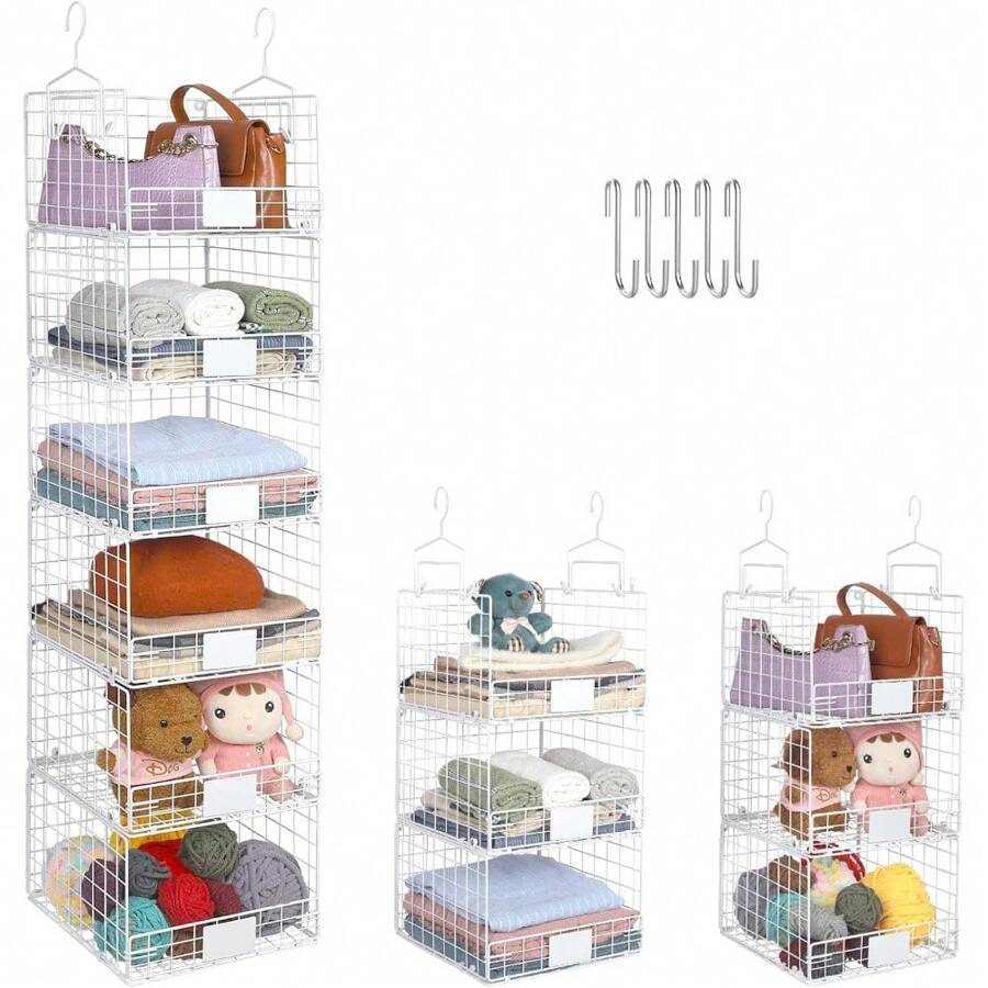 6 Tiers Hanging Closet Shelves Organizer With Name Plate S Hooks, Wall Mount&Cabinet Wire Storage Basket Bins, For Clothing Sweaters Shoes Handbags Clutches Accessories - White - View 1