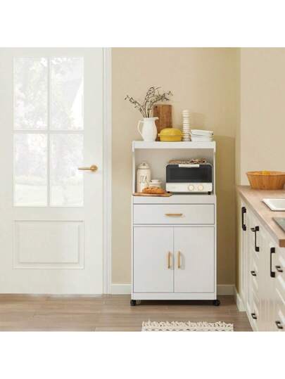 SoBuy FSB12 Microwave Cabinet Wheels, Kitchen Cabinet, Trolley, Beverage Trolley Shelves, Doors Drawer, White, Dimensions (W D): Approx. 62 119 40 Cm view 3