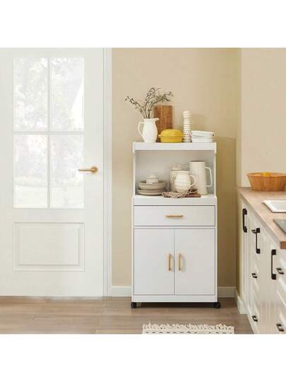 SoBuy FSB12 Microwave Cabinet Wheels, Kitchen Cabinet, Trolley, Beverage Trolley Shelves, Doors Drawer, White, Dimensions (W D): Approx. 62 119 40 Cm view 4