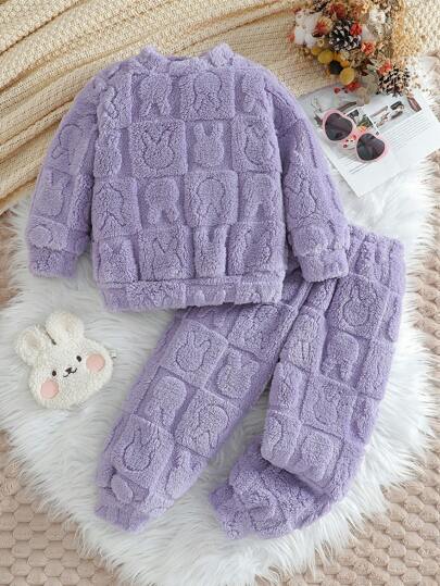 2pcs/Set Young Girl' Plush Round Neck Sweatshirt & Pants Winter Warm Outfit, Fashionable