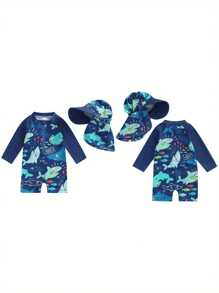 Traje de baño para niño pequeño con gorro, 2 piezas, estampado de tiburón y pez, con cremallera, manga larga, cuello redondo, bañadores para bebé niño - Azul - Ver 2