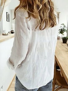 Solid Button-Up Shirt, Elegant Long Sleeve Collared Shirt - White - View 2