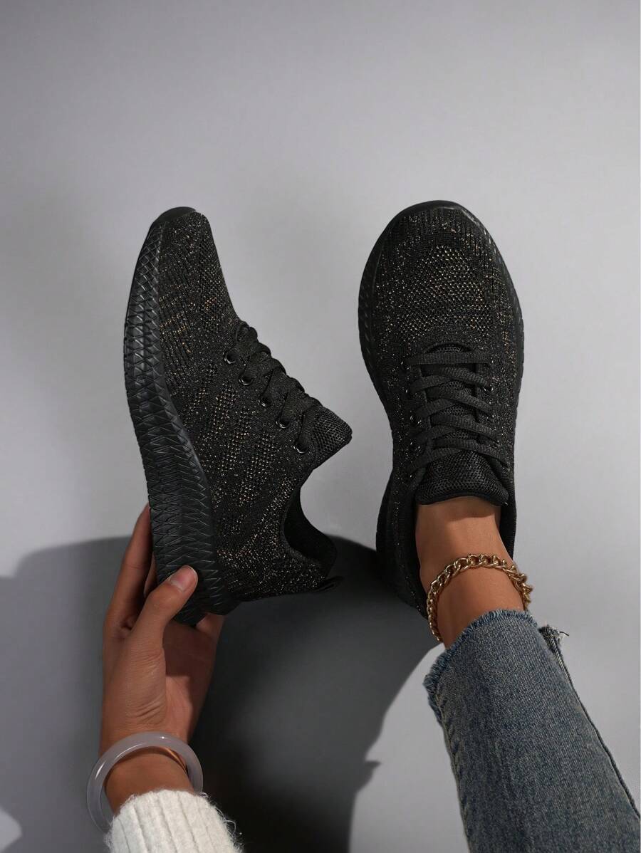 Women's Metallic Decor Fashion Sneakers, Multifunctional High-Arch Design, Lace-Up Fabric Running Shoes, High-End Women's Fitness Shoes, Casual Shoes