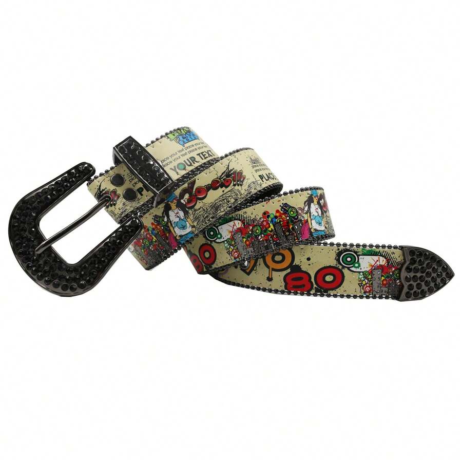 Retro 70 80 Printed Belt, Punk Pin Buckle Waistband For Jeans, Y2K Belt