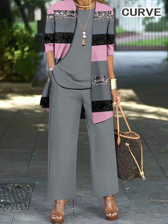 Conjunto de 3 piezas de ropa de otoño para talla grande con bloqueo de color e impresión, que incluye: Cárdigan de manga larga, top tipo tank y pantalones largos - Conjunto de ropa para mujer