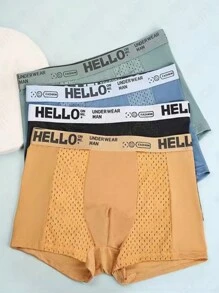 4pcs Pack Men's "Hello" Fashion Mesh Breathable Comfortable Letter Printed Boxer Briefs, Men's Loungewear Underwear
