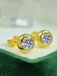 2pcs 925 Silver 1ct Moissanite Round Stud Earrings, Stylish Minimalist Design Suitable For Women's Daily Wear, Party, Holiday, Valentine's Day, Mother's Day, Birthday, Jewelry Gift - Yellow Gold - View 3