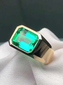 1 pieza Anillo nuevo de moda chapado en oro con circonita cúbica verde incrustada, joyería de compromiso adecuada como regalo para mujeres, hombres y adecuada para regalar a familiares/amigos/parejas
