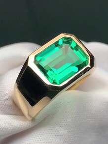 1 pieza Anillo nuevo de moda chapado en oro con circonita cúbica verde incrustada, joyería de compromiso adecuada como regalo para mujeres, hombres y adecuada para regalar a familiares/amigos/parejas