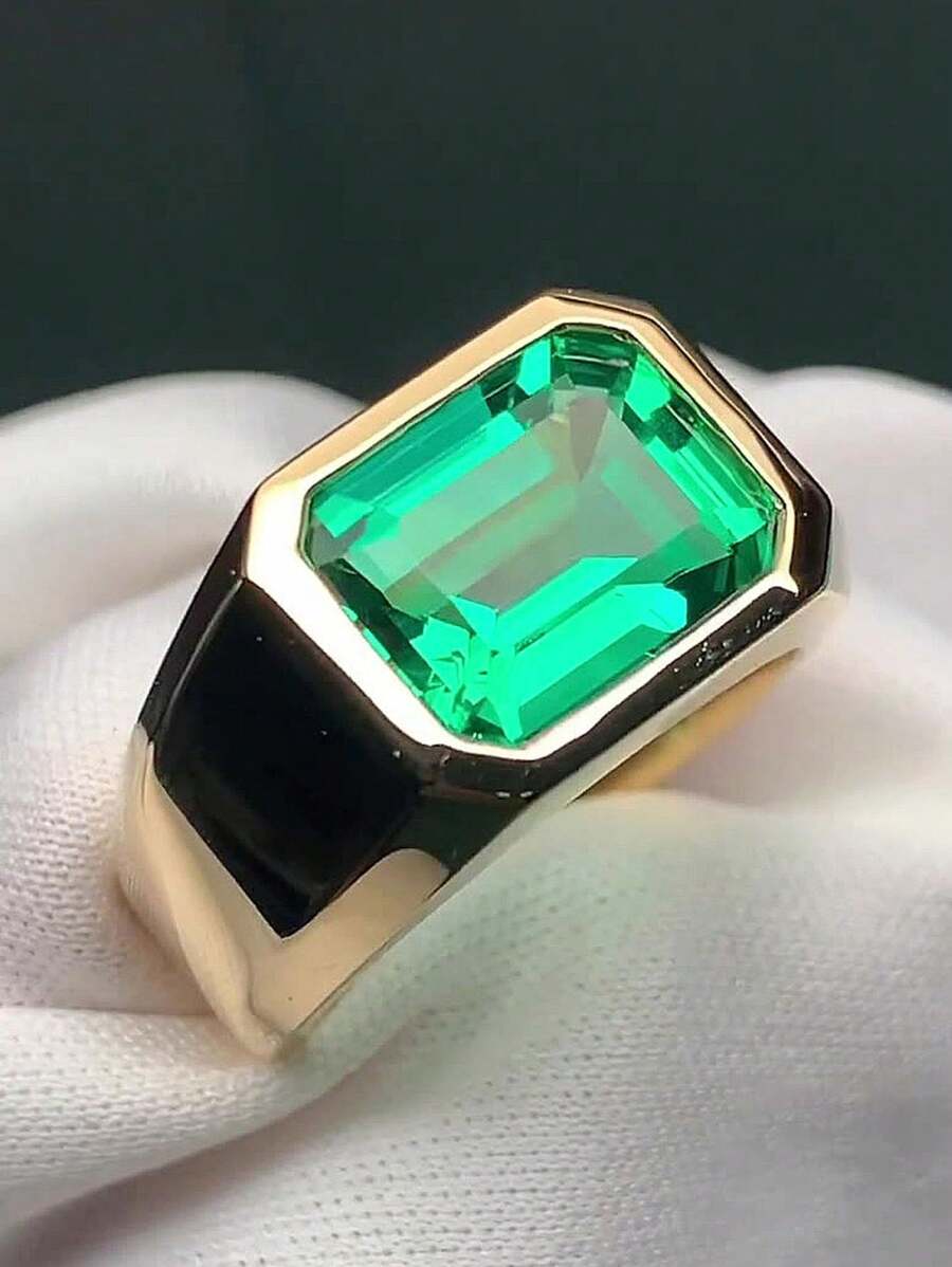 1 pieza Anillo nuevo de moda chapado en oro con circonita cúbica verde incrustada, joyería de compromiso adecuada como regalo para mujeres, hombres y adecuada para regalar a familiares/amigos/parejas