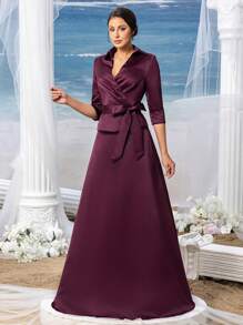Faeriesty Mosy Elegant Solid 3/4 Sleeves Satin Two Pieces Set Evening Gown Mother Of The Bride Dress - Burgundy - View 7