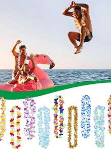 50pcs Hawaiian Flower Leis, Hawaiian Flower Necklaces, Tropical Hawaiian Floral Theme Party Favors, Hibiscus Flowers, Suitable For Summer Pool Parties And Hawaiian Themed Parties, Summer Decorations, Party Decorations And Supplies, Holiday Wedding Beach Birthday Decorations, Hawaiian Flower Leis Party Supplies (Random Colors) - Multicolor - View 8