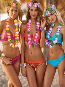 50pcs Hawaiian Flower Leis, Hawaiian Flower Necklaces, Tropical Hawaiian Floral Theme Party Favors, Hibiscus Flowers, Suitable For Summer Pool Parties And Hawaiian Themed Parties, Summer Decorations, Party Decorations And Supplies, Holiday Wedding Beach Birthday Decorations, Hawaiian Flower Leis Party Supplies (Random Colors) - Multicolor - View 4