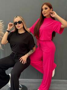 Set 2 piezas acanalado de blusa holgada con cordón en frente hombros caídos y pantalón acampanado con bolsas laterales y cordón en pretina de cintura tela fresca - Rosa Fucsia - Ver 2