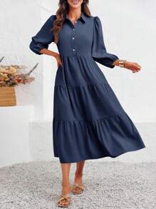 2026 Popular Fall Maxi Shirt Dress V Neck Vestidos Elegantes De Mujer Button Down 3/4 Sleeve Tiered Collared Flowy Design - 藏蓝色 - 查看 1