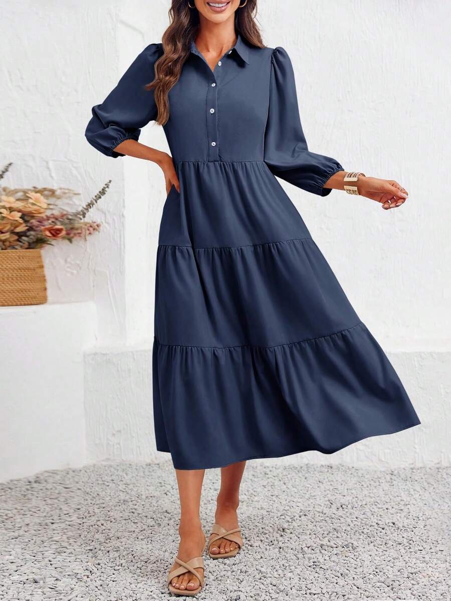 2026 Popular Fall Maxi Shirt Dress V Neck Vestidos Elegantes De Mujer Button Down 3/4 Sleeve Tiered Collared Flowy Design - 藏蓝色 - 查看 1